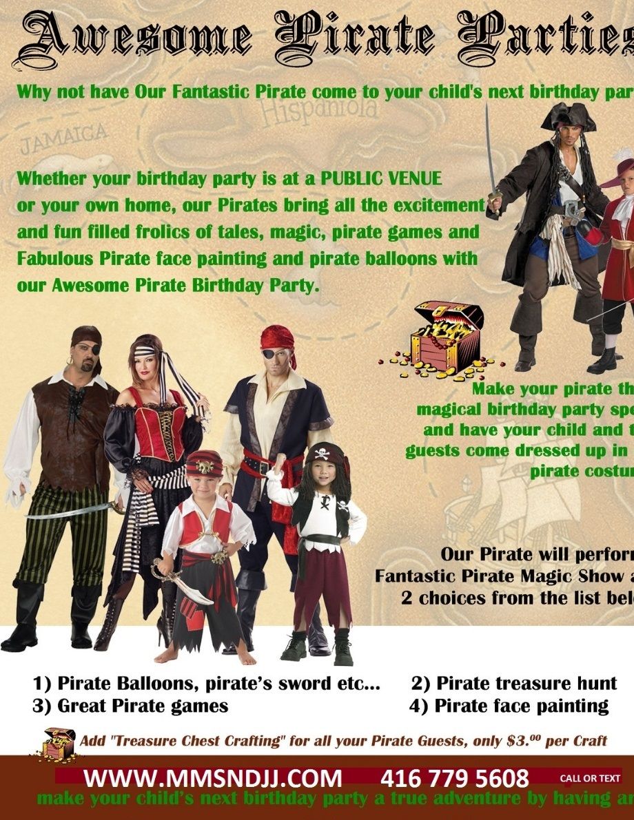 AWESOME PARTY PIRATES ...
(Add A TREASURE HUNT LOOT BAGS .... additional $7.99 per child)
2 BIRTHDAY PARTY PERFORMERS FOR THE PRICE OF ONE SALE
2 professional performers for 1 low price  www.mmandjj.com
     $299 1st hour Magic Show and Balloon Magic Twisting
  (60 mins)
Add Pro Face Painting $149 Per Hour
