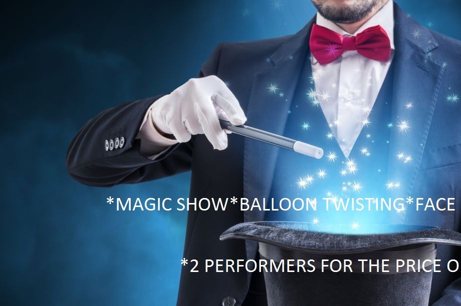 2 Professional Performers for the Price of 1 Sale …
Professional Magic Shows, Face Painting and Balloon Twisting

2 professional performers for 1 low price www.mmandjj.com
1ST HOUR $250.00 (60 mins) Magic Show, PRO FACE PAINTING and Balloon Magic Twisting 
NEED ADDITIONAL TIME NO PROBLEM $75 PER 1/2 HOUR
(Add  Toss and Grab TREASURE HUNT LOOT BAGS .... additional $3 per child)


Additional time for larger events add $149.00 per Hour for 2 performers …


Why pay More Book WWW.MMANDJJ.COM 2 for 1 Sale Price