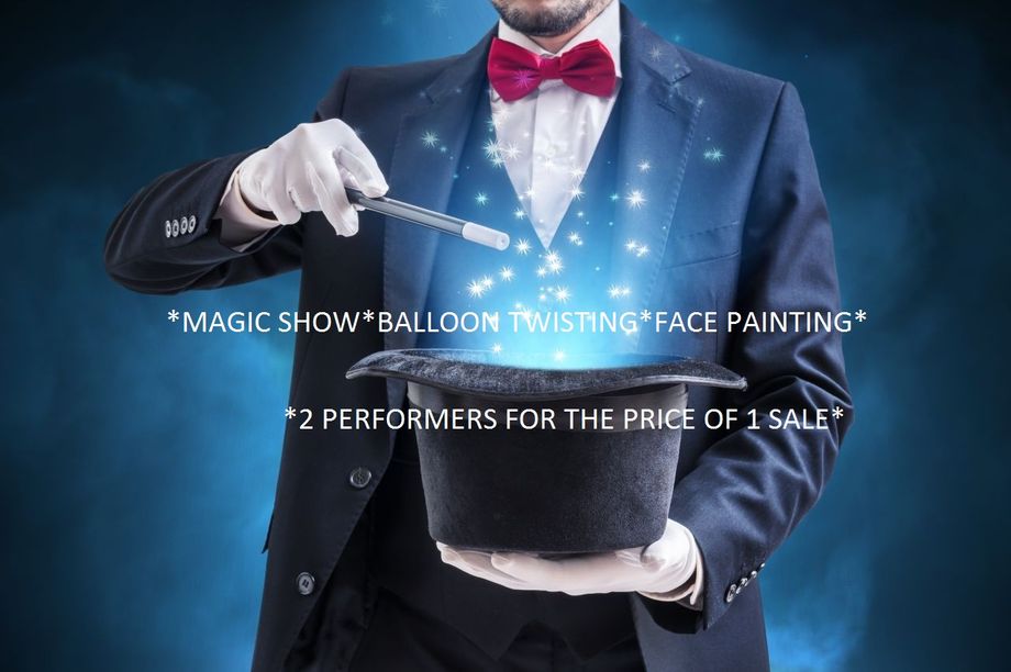 2 Professional Performers for the Price of 1 Sale …
Professional Magic Shows, Face Painting and Balloon Twisting

2 professional performers for 1 low price www.mmandjj.com
1ST HOUR $250.00 (60 mins) Magic Show, PRO FACE PAINTING and Balloon Magic Twisting 
NEED ADDITIONAL TIME NO PROBLEM $75 PER 1/2 HOUR
(Add  Toss and Grab TREASURE HUNT LOOT BAGS .... additional $3 per child)


Additional time for larger events add $149.00 per Hour for 2 performers …


Why pay More Book WWW.MMANDJJ.COM 2 for 1 Sale Price